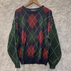 Men's Thick Cotton Argyle Sweater Crewneck Sz XL Navy Blue Green Red Maroon Cozy